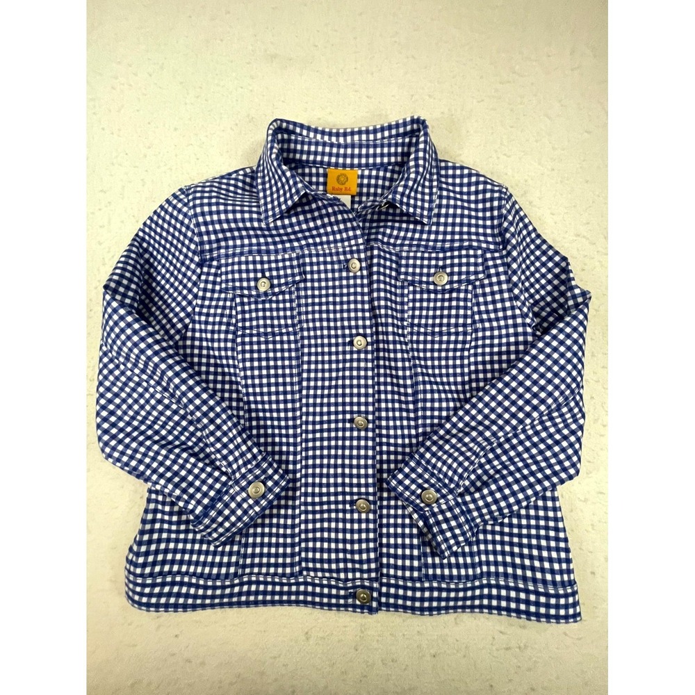 Ruby Rd Shacket Womens 12 Blue White Gingham Rayon Stretch Pockets Button Front